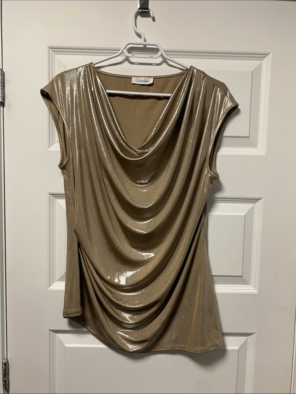 Calvin Klein Shimmery Gold Draped Cowl Neck Top